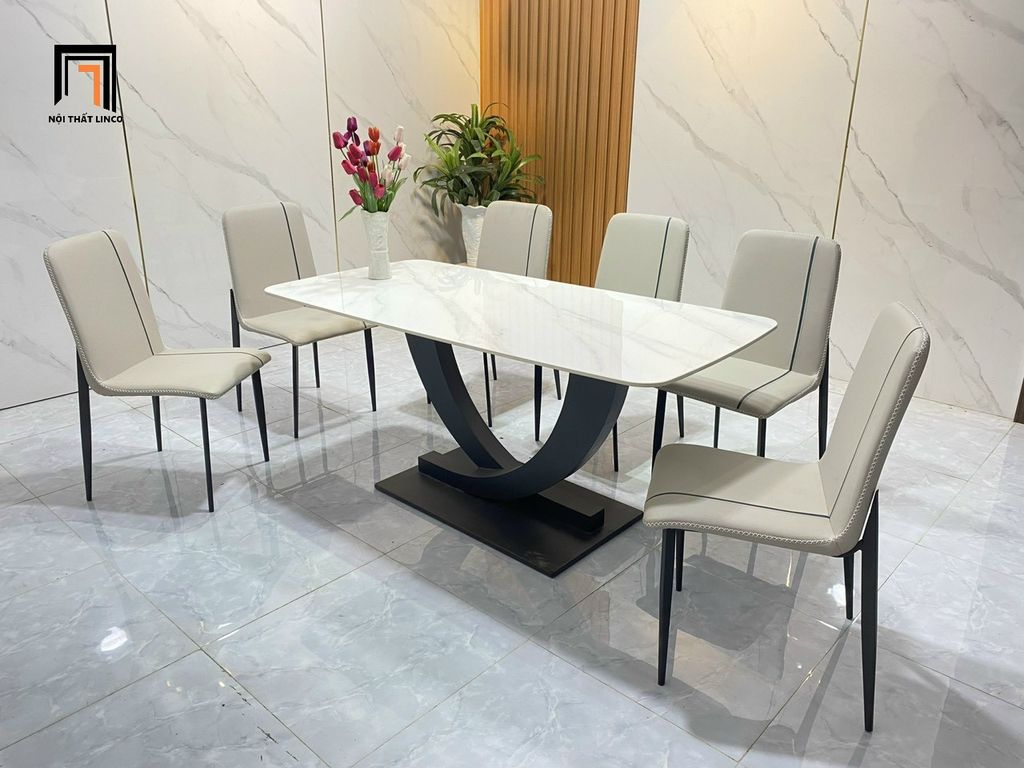  Set bàn ăn 6 ghế mặt đá trắng 25-BAD6-G11-B7 cho chung cư 