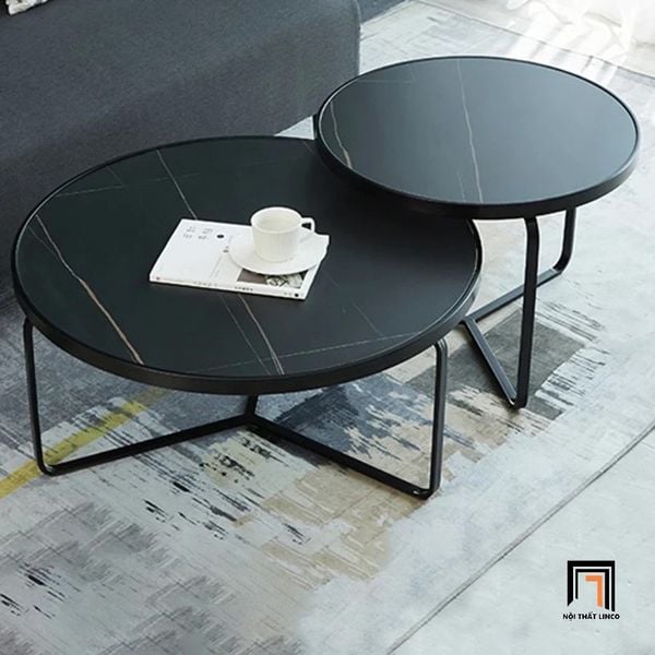 cặp bàn trà hình tròn mặt đá đen trắng