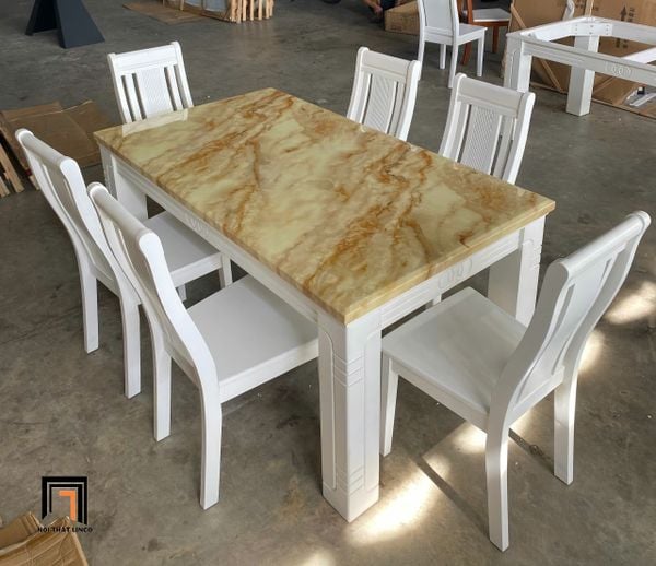 bộ bàn ăn đá 6 ghế gỗ trắng