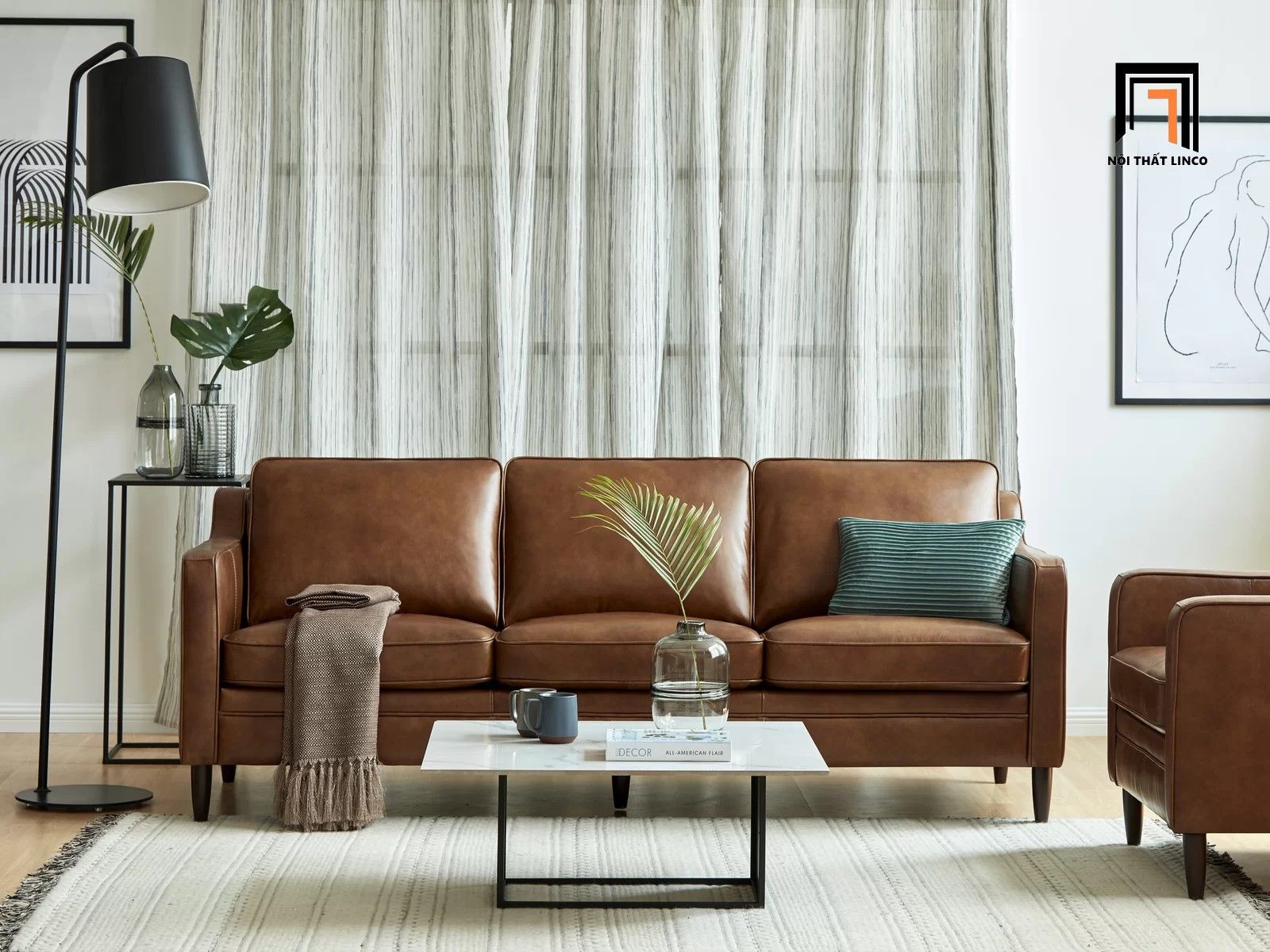  Bộ ghế sofa phòng khách sang trọng KT17 Abbot da giả màu nâu 