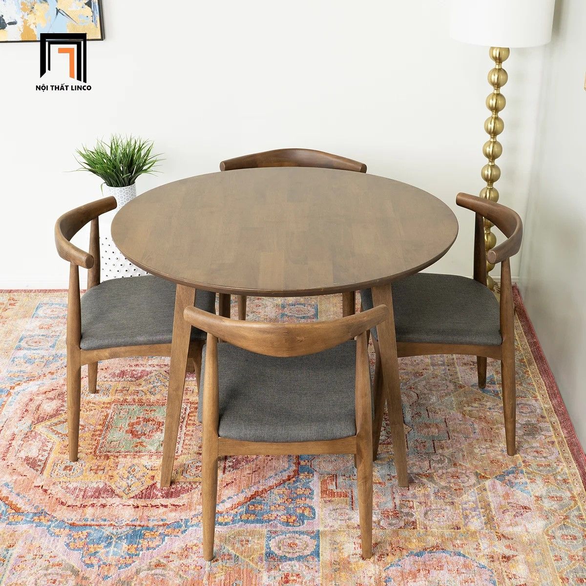  Bộ bàn ăn tròn gỗ cao su 44-KH4-G12-B93 4 ghế màu nâu cafe 