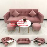  Bộ bàn ghế sofa giường nhỏ 2m BTV màu hồng phấn vải nhung 