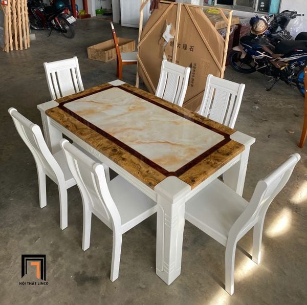 bộ bàn ăn đá 6 ghế gỗ trắng