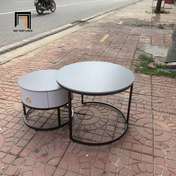 cặp bàn trà hình tròn mặt đá xám