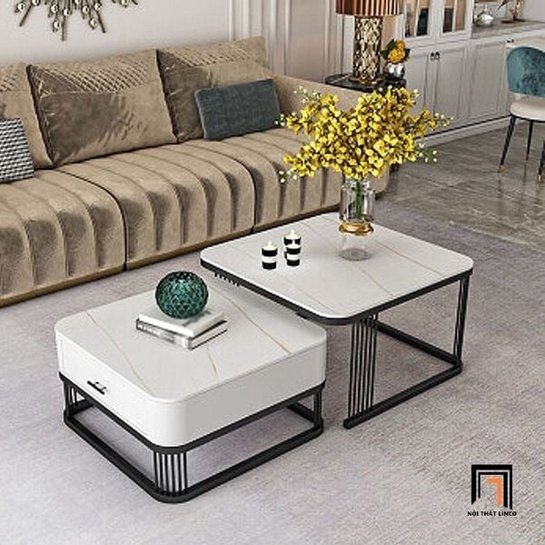 cặp bàn trà vuông mặt đá xám