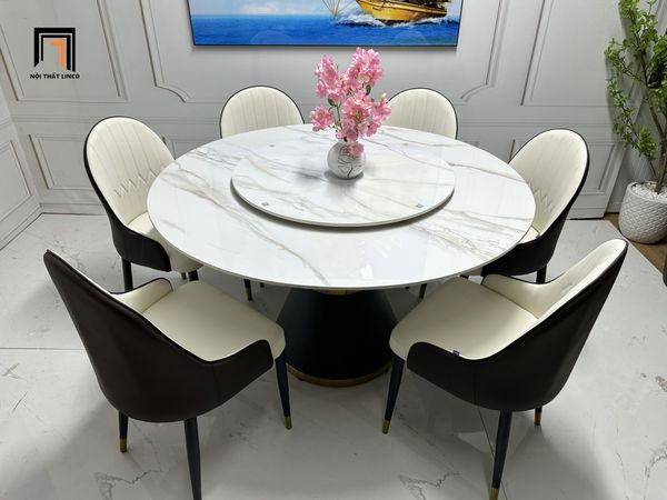 bộ bàn ăn mặt đá tròn xoay da Pu