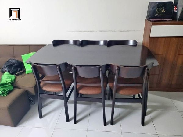 bộ bàn ăn 6 ghế gỗ tự nhiên nâu đậm