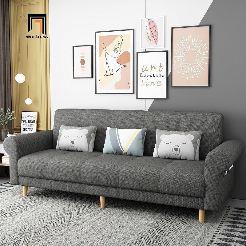  Ghế sofa giường tay cong giá rẻ GB112 Beiro 2m1 vải nỉ xám đậm 