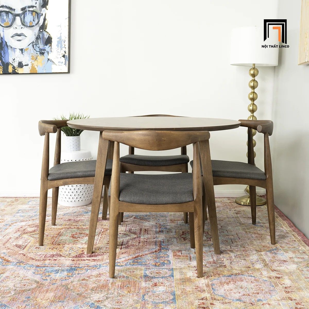  Bộ bàn ăn tròn gỗ cao su 44-KH4-G12-B93 4 ghế màu nâu cafe 