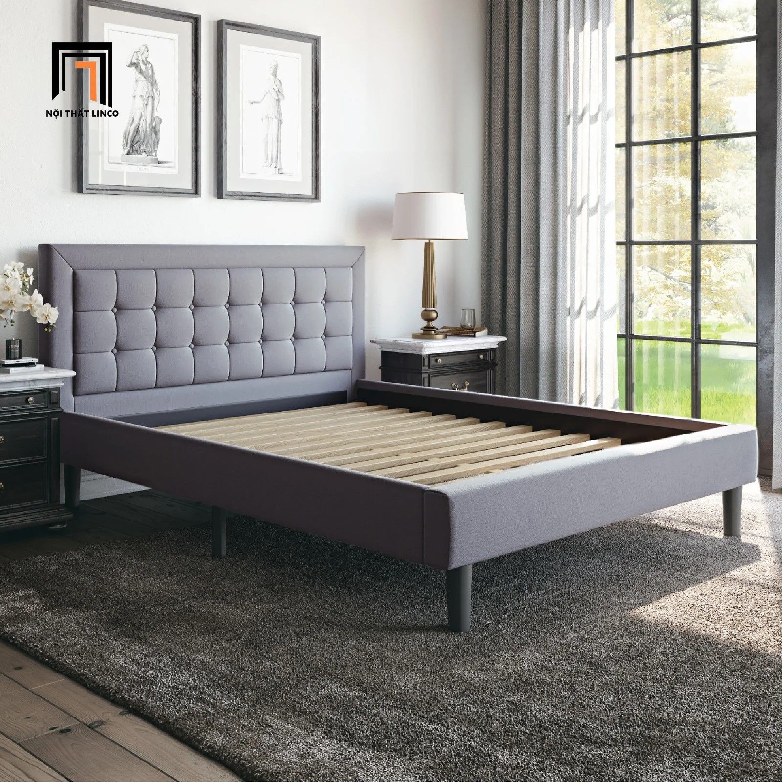  Giường ngủ vải nỉ trắng kem GN3 Pinheiro cho căn hộ chung cư 