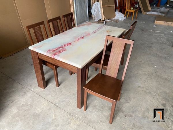bộ bàn ăn hình chữ nhật mặt đá