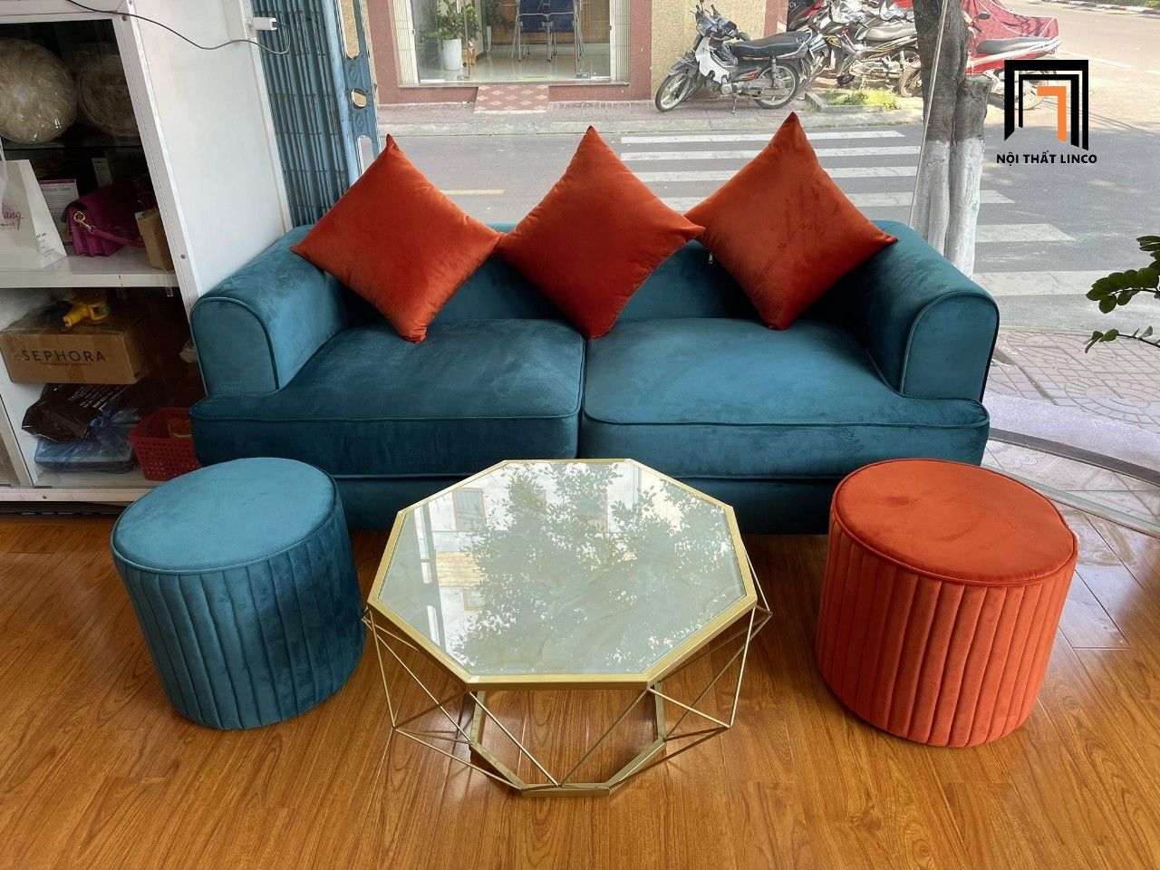  Bộ ghế sofa băng xanh lá BT63 Hugen 1m9 vải nhung phối 2 màu 