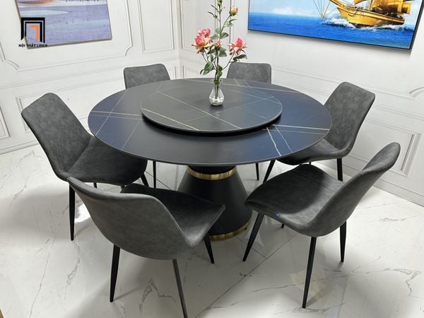  Bàn ăn 6 ghế mặt tròn đá ceramic đen 48-BAD6-G13-B81 cao cấp 