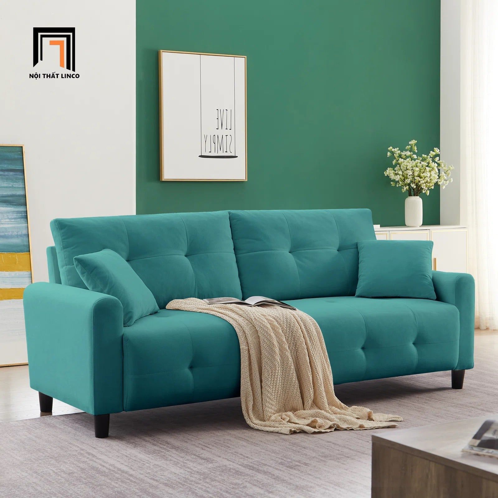  Ghế sofa văng giá rẻ xanh ngọc BT142 Tufmo 1m8 vải nỉ nhung 