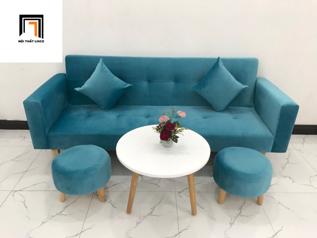  Bộ ghế sofa giường xanh dương vải nhung BTV 2m giá rẻ 