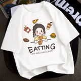 Áo Thun Nữ HappyTee - Mẫu Áo Thun Họa Tiết Cô Bé Đáng Yêu EATTING Chất Cotton 100% Cao Cấp