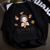 Áo Thun Nữ HappyTee - Mẫu Áo Thun Họa Tiết Cô Bé Đáng Yêu EATTING Chất Cotton 100% Cao Cấp