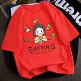 Áo Thun Nữ HappyTee - Mẫu Áo Thun Họa Tiết Cô Bé Đáng Yêu EATTING Chất Cotton 100% Cao Cấp