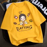 Áo Thun Nữ HappyTee - Mẫu Áo Thun Họa Tiết Cô Bé Đáng Yêu EATTING Chất Cotton 100% Cao Cấp