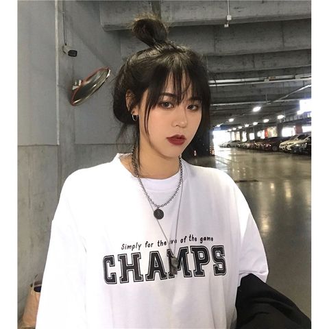 Áo Thun Tay Lỡ Nữ  HappyTee - Mẫu Áo Thun Tay Lỡ CHAMPS Chất Cotton 100% Cao Cấp