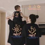 Áo gia đình Familylove - Áo gia đình Tay ngắn Mặt Trời, Mặt Trăng , Ngôi Sao Happy Chất liệu cotton 100% co giãn