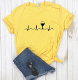 Áo Thun HappyTee - Mẫu Áo Thun In Họa Tiết Nhịp Tim Và Ly Rượu Vang Chất Cotton 100% Cao Cấp