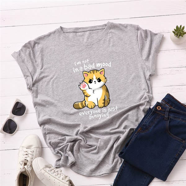 Áo Thun Nữ HappyTee - Mẫu Áo Thun Họa Tiết Mèo Đáng Yêu I'm not in a bad mood everyone is just annoying Chất Cotton 100% Cao Cấp