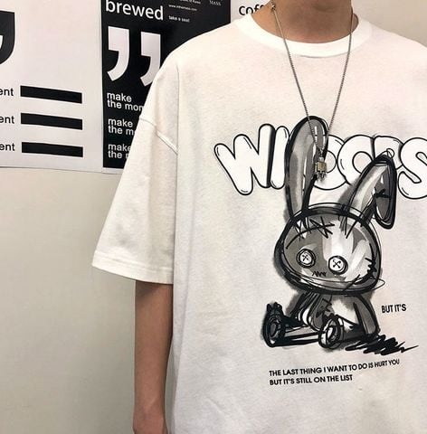 Áo Thun Tay Lỡ  HappyTee - Mẫu Áo Thun Tay Lỡ Họa Tiết Graphics Thỏ Chất Cotton 100% Cao Cấp