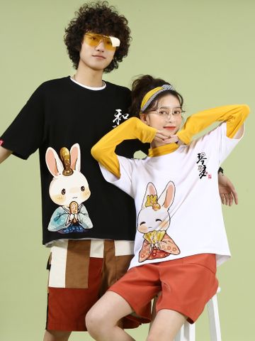 Áo Thun Tay Lỡ  HappyTee - Mẫu Áo Thun Tay Lỡ Họa Tiết Xinh Xắn ( Chibi,Thỏ Đáng Yêu) Chất Cotton 100% Cao Cấp