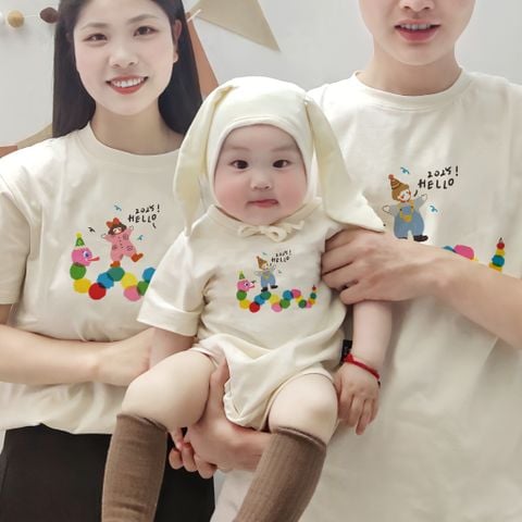 Áo gia đình Familylove - Set Đồ Gia đình Chú Hề JOYS Helle dễ thương màu Kem chất Cotton 100% co giãn 4 chiều cao cấp