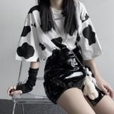 Áo Thun Tay Lỡ Nữ HappyTee - Mẫu Áo Thun Tay Lỡ Họa Tiết Bò Sữa Chất Cotton 100% Cao Cấp