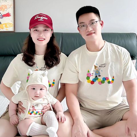 Áo gia đình Familylove - Set Đồ Gia đình Chú Hề JOYS Helle dễ thương màu Kem chất Cotton 100% co giãn 4 chiều cao cấp