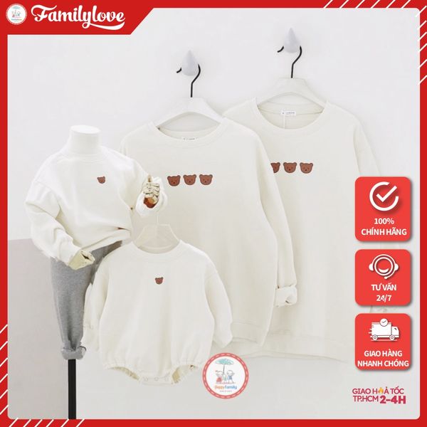 Áo Gia đình Thu Đông Familylove - Set Sweater Gia đình Family Họa Tiết 3 Chú Gấu Nhỏ Đáng Yêu Chất Nỉ Da Cá Cotton 100%