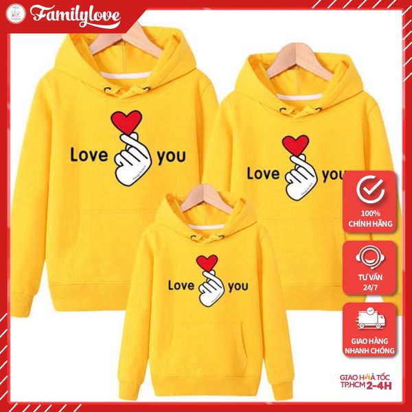 Áo Hoodie Gia Đình Familylove - Áo Hoodie Nón/Túi Love You Bắn Tim Dễ Thương Chất Liệu Nỉ Da Cá Cao Cấp