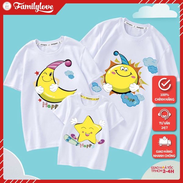Áo gia đình Familylove-Mẫu Đồng phục gia đình Họa Tiết Mặt Trời,Mặt Trăng,Ngôi Sao Hopp chất liệu cotton 100% co giãn