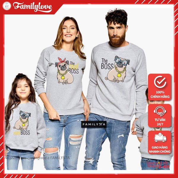 Áo Sweater Gia đình Cotton Nỉ da cá (Hình thật chất áo + Logo Thương hiệu) Chú chó Boss Family