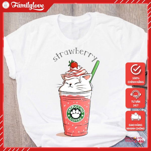 Áo thun phông nam nữ form rộng Familylove - Mẫu áo Unisex nữ Chú mèo Strawberry Coffee