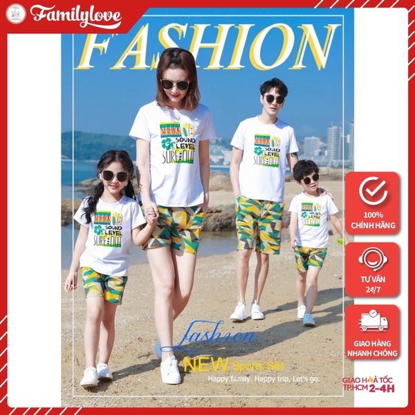 Đồng phục đi biển Familylove - Bộ Quần Áo đồng phục gia đình đi biển mẫu Shark Sound Level Sure Out