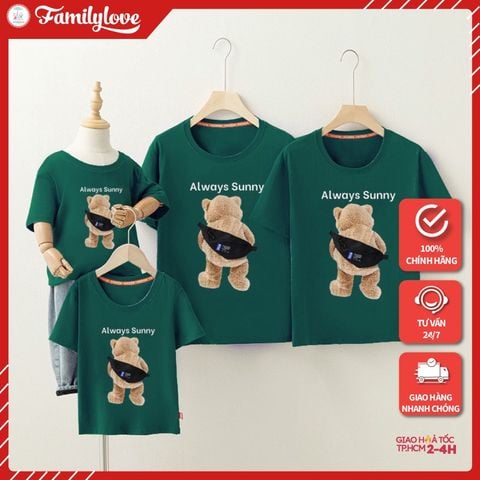 Áo Gia Đình Familylove - Mẫu Đồng Phục Gia Đình Gấu Always Sunny Xanh Rêu Chất Liệu Cotton 100% Co Giãn