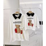 Áo Sweater Gia đình Familylove - Mẫu Áo Gia đình Sweater Dài Tay Gấu Xubawawa Phối Cổ Chất Nỉ Da Cá Cotton 100%