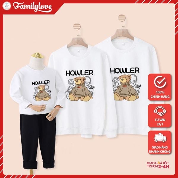 Áo Sweater Gia Đình Familylove - Mẫu Áo Gia Đình Sweater Họa Tiết Gấu Đáng Yêu Howler Chất Nỉ Da Cá Cotton 100%