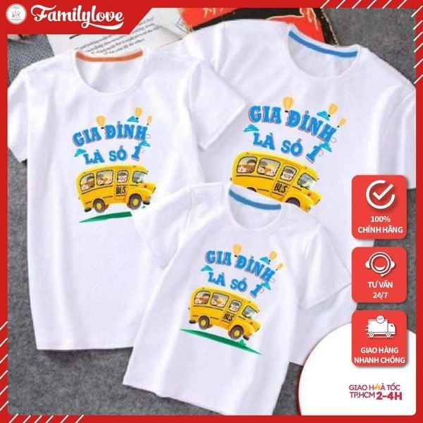 Áo gia đình Familylove - Mẫu Đồng phục gia đình Họa Tiết Xe Bus Gia Đình Là Số 1 chất liệu cotton 100% co giãn