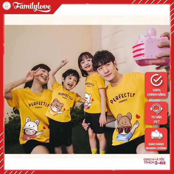 Áo gia đình Familylove - Đồng phục gia đình Mẫu Chibi Perfectly Cotton 100% mát 3 màu Vàng Đen Trắng