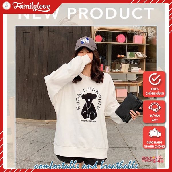 Áo Hoodie Trắng Cotton Nữ Form Rộng Tay Dài Familylove – Set Hình Gấu Ulzzang