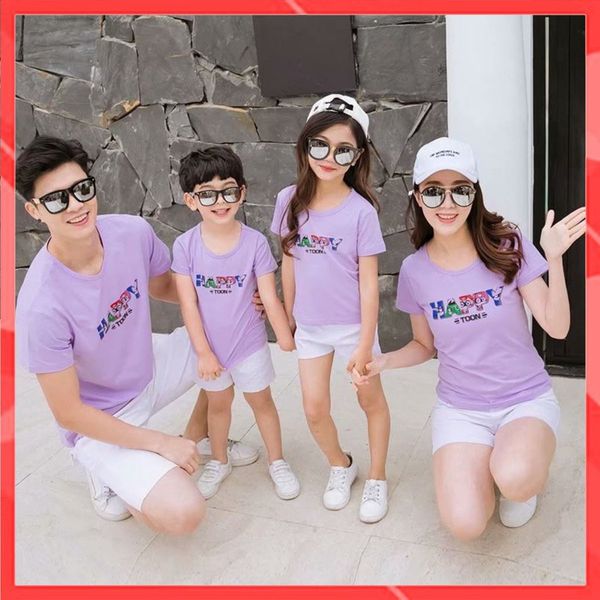 Áo gia đình Familylove -mẫu áo gia đình in chữ  HAPPY TOON nhiều sắc màu chất cotton 100 cao cấp