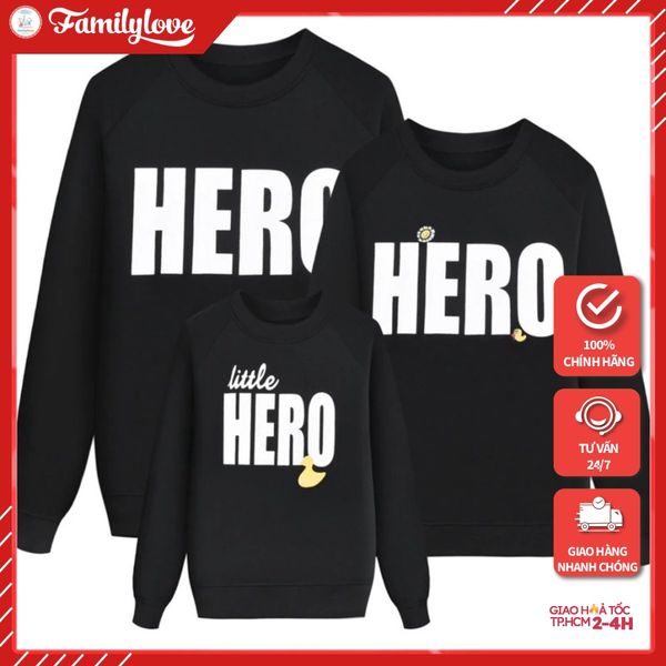 Áo Sweater Gia đình FamilyLoveCotton Nỉ da cá (Hình thật chất áo + Logo Thương hiệu) In chữ HERO + Họa Tiết