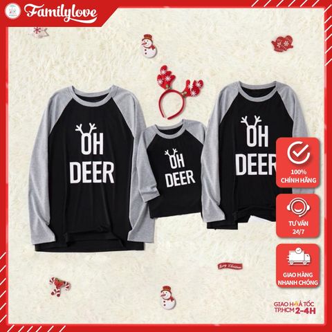 Áo Gia đình Mùa Đông Familylove - Mẫu Áo Gia đình Sweater Dài Tay Noel Oh Deer Đen phối tay Xám Chất Nỉ Da Cá Cotton 100