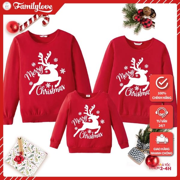 Áo Sweater Gia Đình Familylove - Áo Sweater Noel Chú Tuần Lộc + Merry Chrismas Dễ Thương Chất Liệu Nỉ Da Cá Cao Cấp