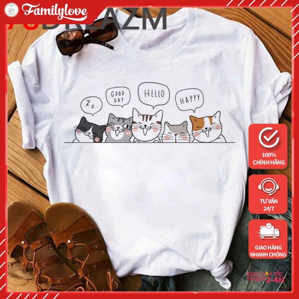Áo Thun Phông Nam Nữ Form Rộng Familylove - Mẫu 6 Chú Mèo Good Day Happy