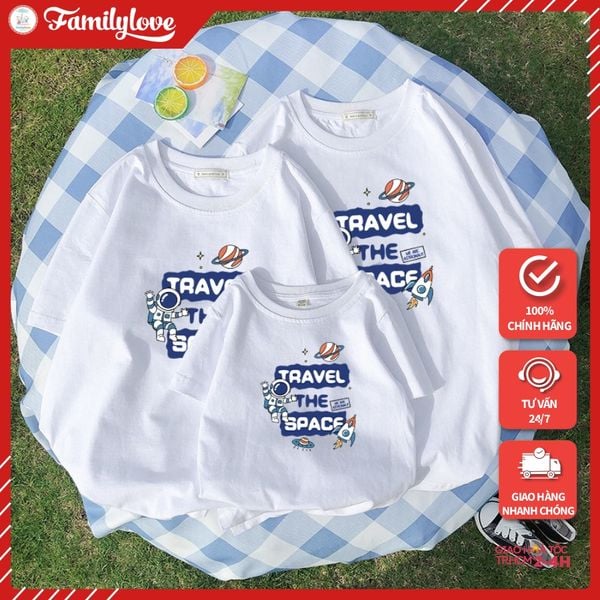 Áo gia đình Familylove - Mẫu Áo Đồng phục gia đình Họa Tiết Phi Hành Gia Travel The Space chất liệu cotton 100% co giãn
